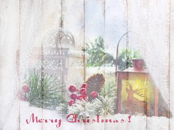 Beautiful christmas picture on wooden board with greeting text — Stock Photo, Image