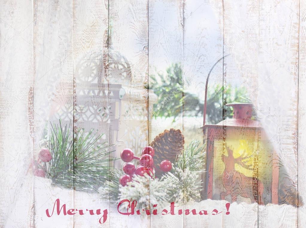 beautiful christmas picture on wooden board with greeting text