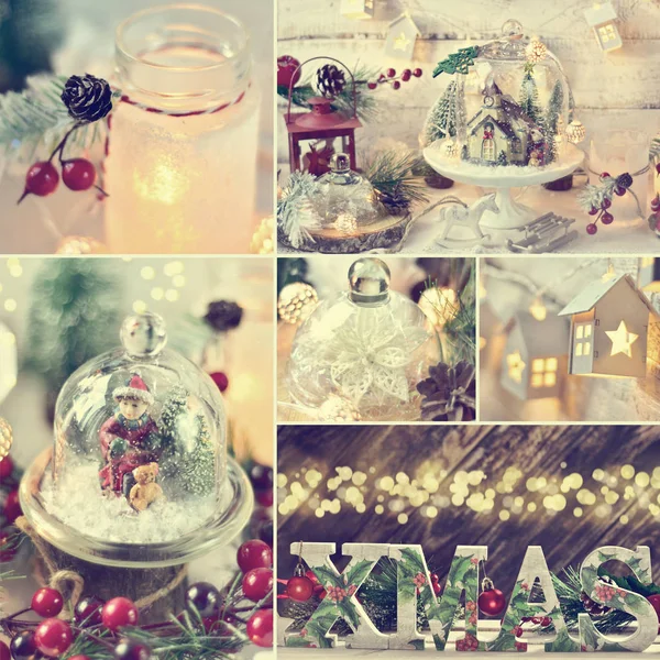Collage de Noël avec des décorations de maison de style rétro avec la couleur e — Photo