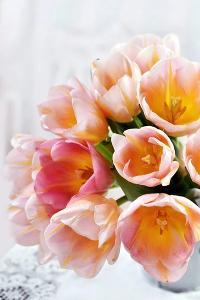 Closeup of bunch of pink and yellow tulips — Stock Photo, Image