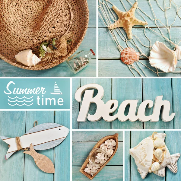 Sommer-Collage mit Strandaccessoires auf blauem Holzbrett — Stockfoto