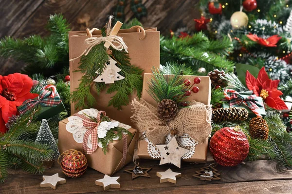 Christmas presents in rustic style — Stock Photo, Image