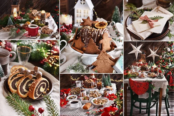 Collage von Heiligabend-Tisch mit Essen und Dekoren — Stockfoto