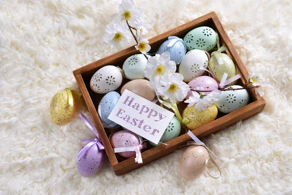 Easter Flat Lay Colorful Eggs Wooden Box Lamb Fur Background — Stock Photo, Image