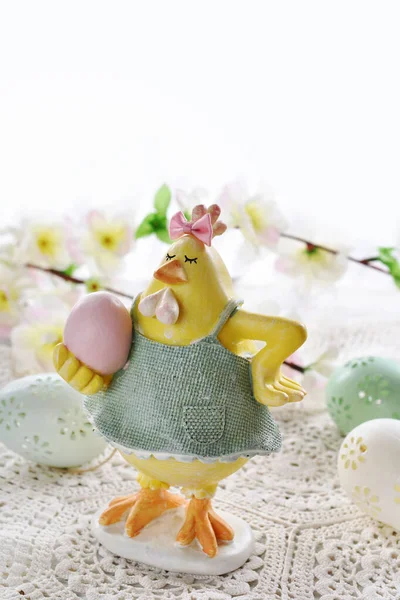 Easter Decoration Funny Hen Figurine Eggs Isolated White Background — Stock Photo, Image