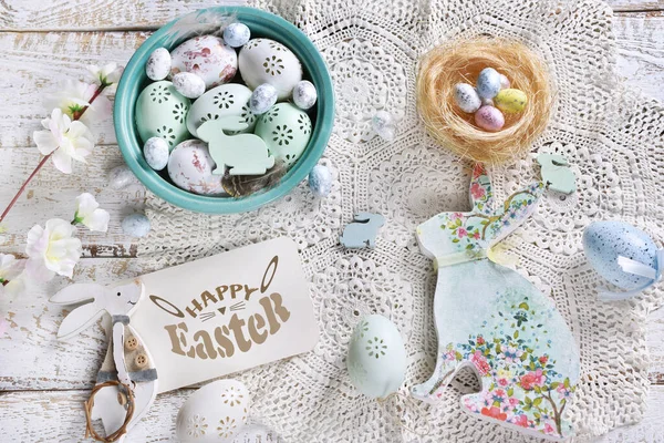 Wielkanoc Płaskie Składają Się Kolorowych Jaj Dekoracje Kartka Papieru Powitanie — Zdjęcie stockowe