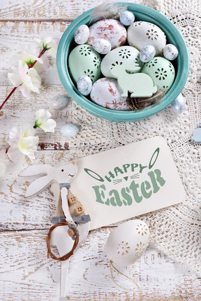 Easter Flat Lay Colorful Eggs Bowl Decors Paper Card Greeting — 스톡 사진