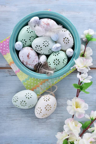 Easter Flat Lay Colorful Eggs Bowl Branch Flowers Blue Wooden — Stock Photo, Image