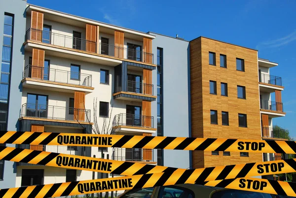 New Modern Apartments Building Coronavirus Quarantine Time Warning Yellow Tape — Stock Photo, Image