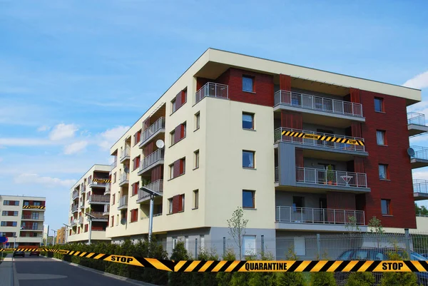 New Modern Apartments Building Coronavirus Quarantine Time Warning Yellow Tape — Stock Photo, Image