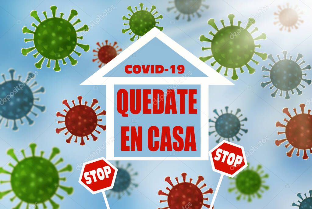 stay home and stop coronavirus banner with house shape and virus cells on blue background 