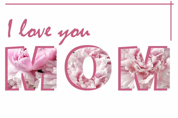 Mother Day Greeting Card Inscription Love You Mom Pink Floral — Stock Photo, Image