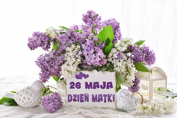 Букет Фиолетовых Белых Лиловых Цветов День Матери Поздравительной Открыткой Польском — стоковое фото