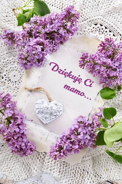 Romantic Flat Lay Mother Day Purple Lilac Blossoms Heart Old — Stock Photo, Image