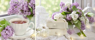 Romantik klasik kolaj, leylak çiçekleri, bir fincan çay ve pencere pervazında dantel süslemeli küçük çekmeceler.