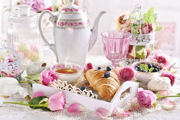 Romantic Breakfast Fresh Croissant Blueberries Cup Tea White Wooden Tray — Stock Photo, Image