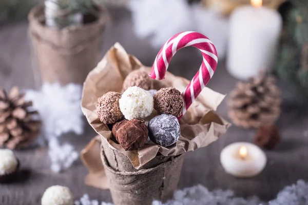 Handmade chocolate candies in paper pot