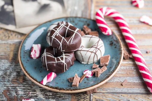 Homemade vegetarian donuts with candy cane