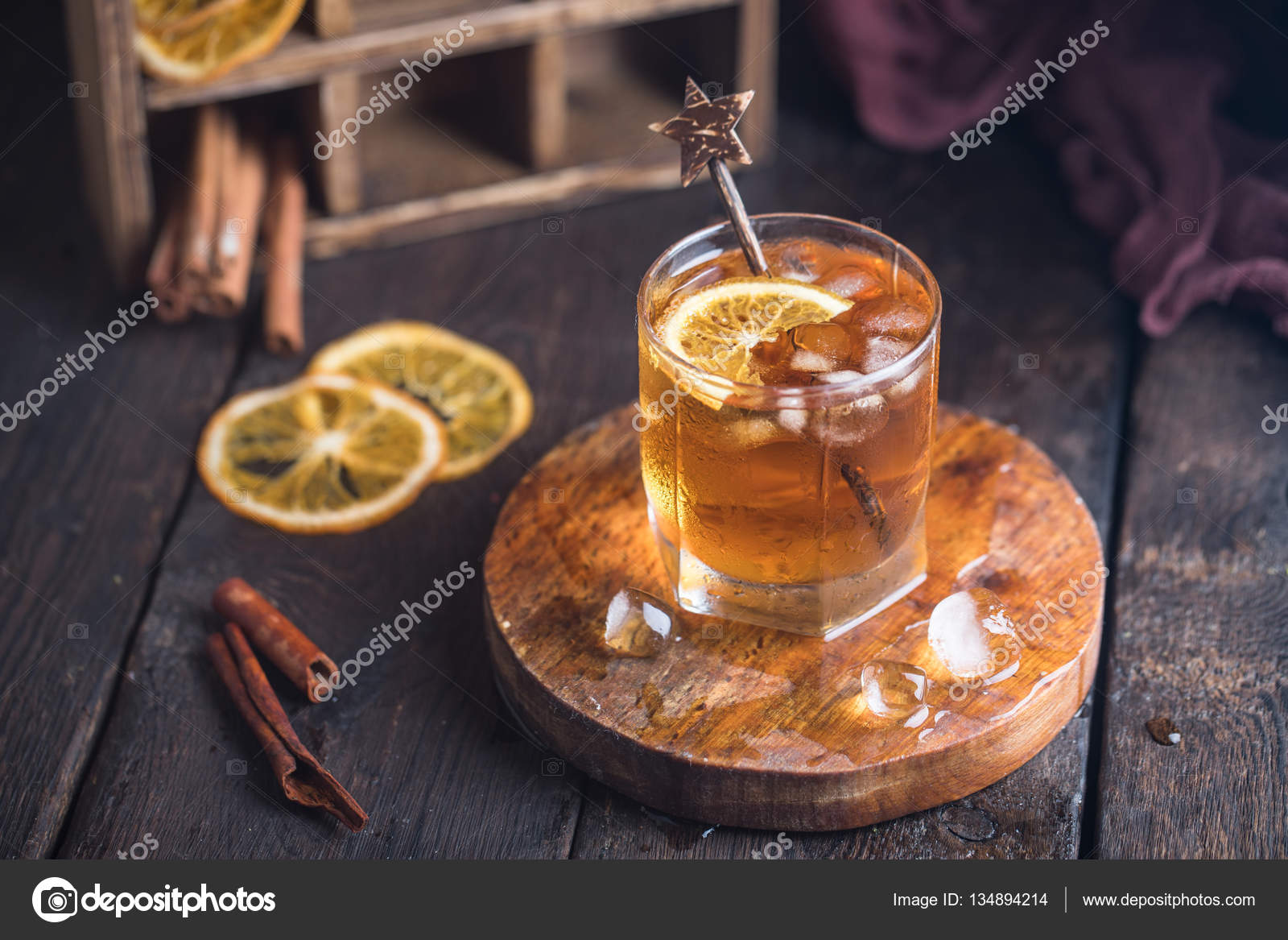 Cocktail with iced tea, whiskey and orange Stock Photo by ©contrse