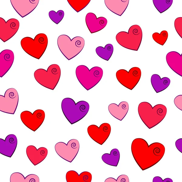 Motif sans couture avec des cœurs rouges, roses et violets — Image vectorielle