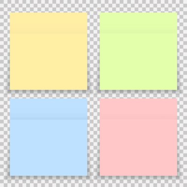 Vektör renkli ofis Sticker Not kağıt izole. Şeffaf arka planda izole gölge ile yapışkan kağıt kümesi. Tasarım için vektör sarı yazı notu.