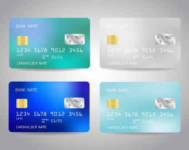 Renkli soyut tasarım arka plan ile ayarlanmış gerçekçi detaylı kredi kartları. Mavi, beyaz renkler. Vektör illüstrasyon eps10