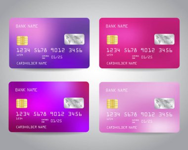 Renkli soyut tasarım arka plan ile ayarlanmış gerçekçi detaylı kredi kartları. Pembe, mor, gül renkleri. Vektör illüstrasyon eps10