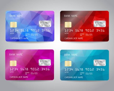 Renkli kırmızı, mavi, mor üçgen tasarım arka plan ile ayarlanmış gerçekçi detaylı kredi kartları. Vektör şablonu eps10