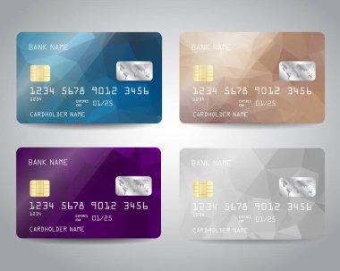 Renkli mavi, gümüş, bronz, mor üçgen tasarım arka plan ile ayarlanan gerçekçi detaylı kredi kartları. Gümüş kart. Vektör şablonu eps10