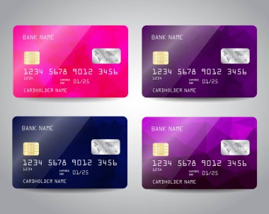 Renkli mor, pembe üçgen tasarım arka plan ile ayarlanmış gerçekçi detaylı kredi kartları. Vektör şablonu eps10