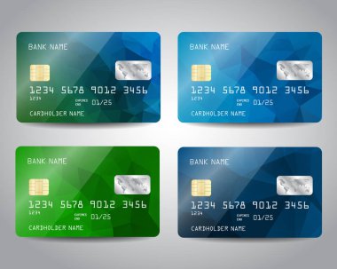 Renkli mavi, yeşil üçgen tasarım arka plan ile ayarlanmış gerçekçi detaylı kredi kartları. Vektör şablonu eps10