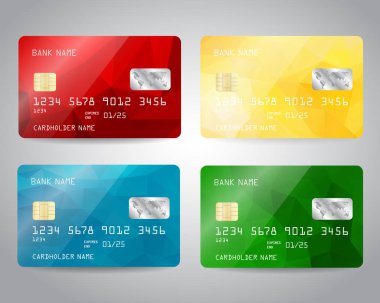 Renkli kırmızı, mavi, sarı, yeşil üçgen tasarım arka plan ile ayarlanmış gerçekçi detaylı kredi kartları. Vektör şablonu eps10