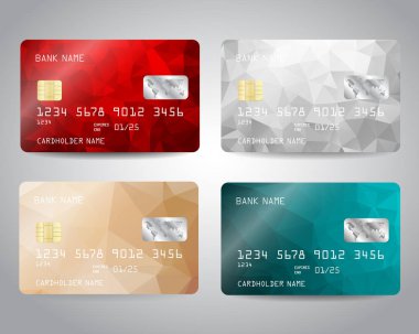 Renkli kırmızı, gümüş, Turkuaz, bronz üçgen tasarım arka plan ile ayarlanmış gerçekçi detaylı kredi kartları. Vektör şablonu eps10