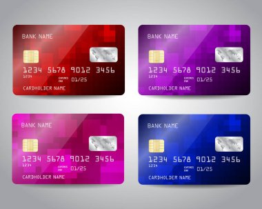 Renkli kırmızı, mavi, mor geometrik soyut tasarım arka plan ile ayarlanan gerçekçi detaylı kredi kartları. Vektör şablonu eps10