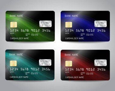 Yeşil, mavi, Turkuaz, kırmızı dalgalar ile siyah tasarım arka plan ile ayarlanan gerçekçi detaylı kredi kartları. Vektör şablonu eps10