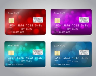 Gerçekçi detaylı kredi kartları bokeh ışıkları ile renkli kırmızı, mavi, mor, Turkuaz tasarım soyut arka plan ile ayarlayın. Vektör şablonu eps10
