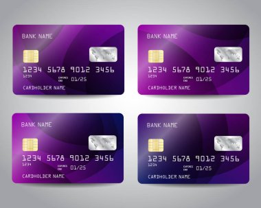Renkli mor soyut tasarım arka plan ile ayarlanmış gerçekçi detaylı kredi kartları. Vektör şablonu eps10
