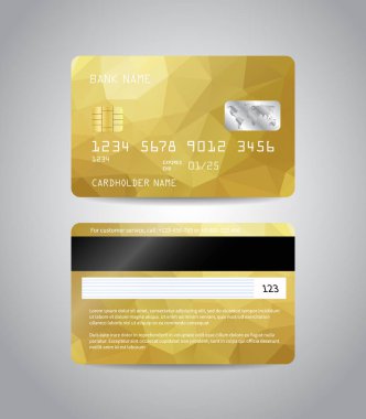 Renkli altın soyut üçgen tasarım arka plan ile ayarlanmış gerçekçi detaylı kredi kartları. Altın kart. Ön ve arka taraf şablonu. Para, ödeme sembolü. Vektör illüstrasyon eps10