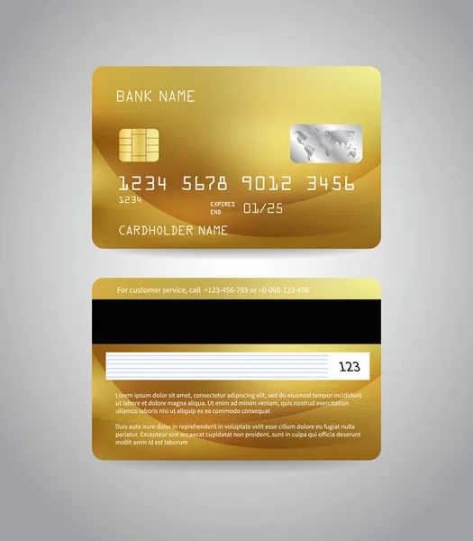 Realistische Detaillierte Kreditkarten Set Mit Farbenfrohen Gold Abstrakten Design Hintergrund — Stockvektor