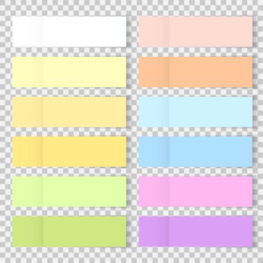 Vektör renkli ofis imleri veya çıkartma notu kağıt izole. Şeffaf arka planda izole edilmiş gölge ile yapışkan kağıt veya kitap işaretleri kümesi. Tasarım için vektör sarı yazı notu