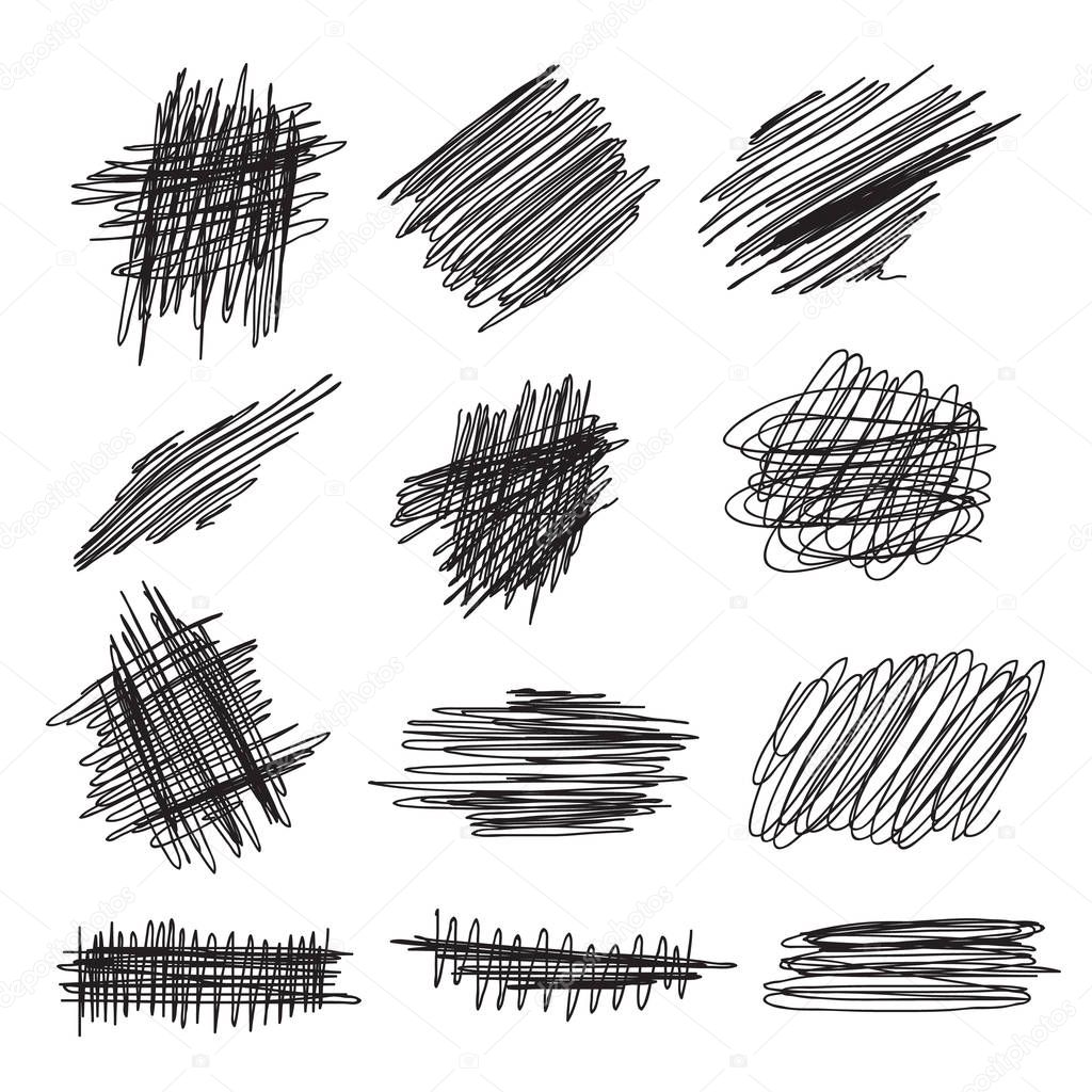 Scribble brush strokes set, vector logo design element. Set of hand drawn line borders. Sketch strokes isolated on white. Doodle style brushes
