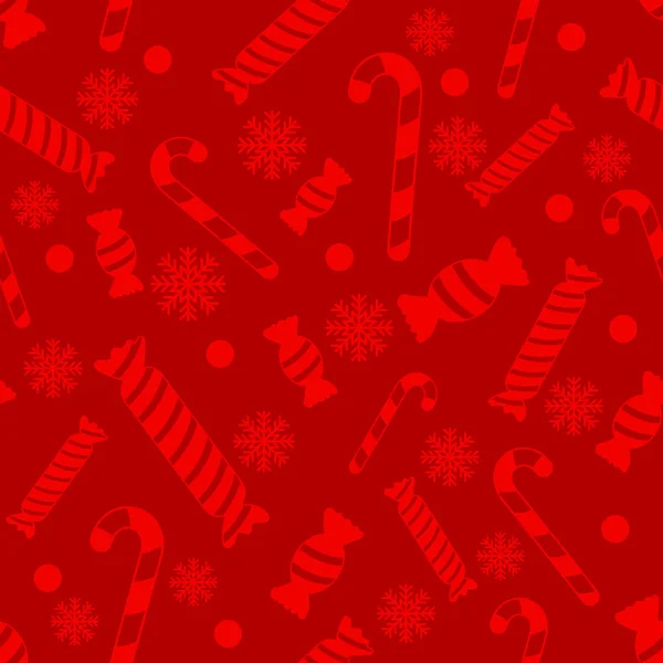 圣诞矢量无缝模式与糖果和雪花在红色背景 新年矢量设计 圣诞礼物包装纸 — 图库矢量图片