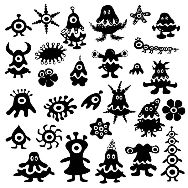 Vektör simgeleri sevimli karikatür canavarlar, virüsler, bakteriler, uzaylılar ayarlayın. Halloween parti el ilanları, afiş, promosyon, çocuk odası dekorasyon için komik tasarım 
