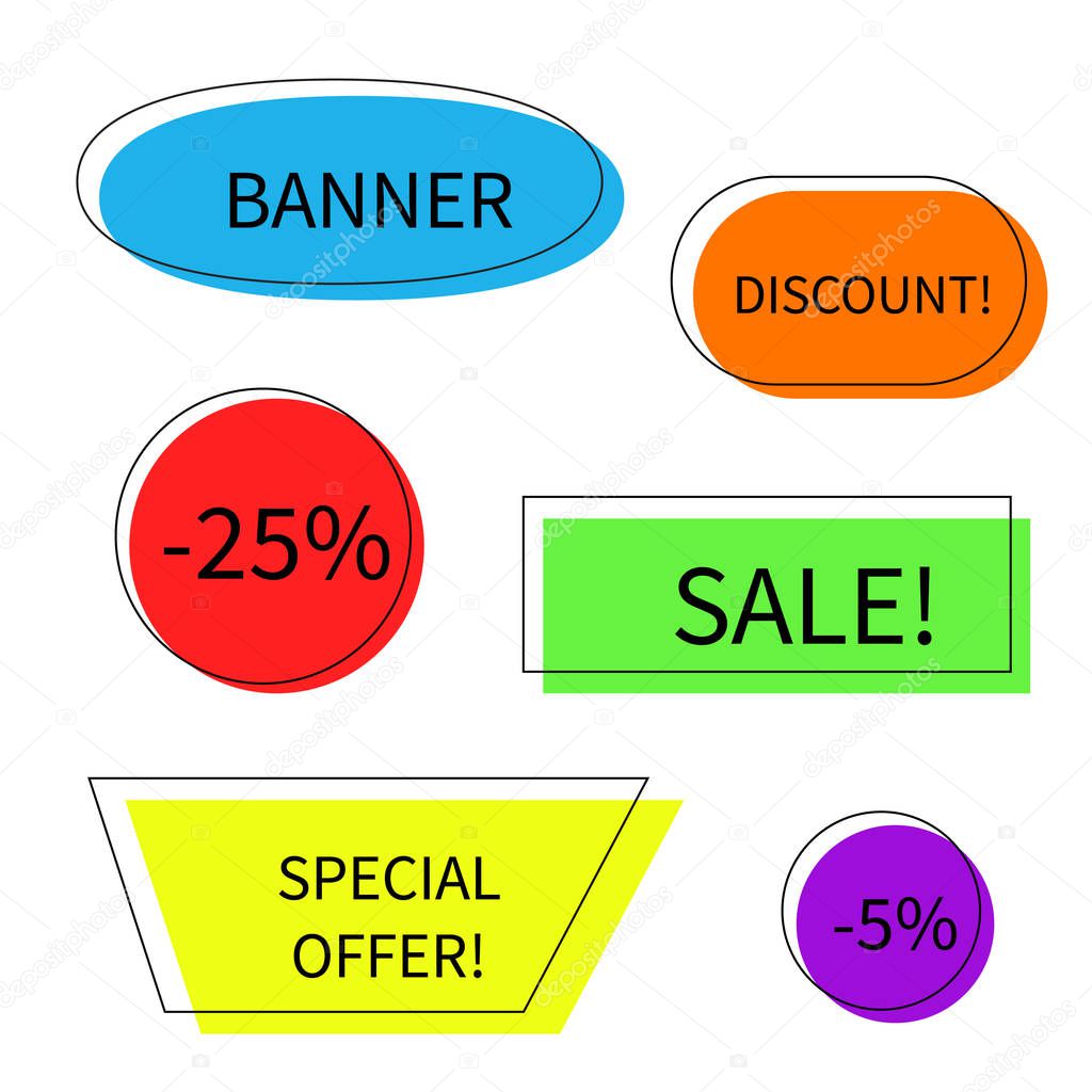 Vector Flat geometric vector banners. Trendy style. Green, blue, red, orange, purple and yellow banners in retro poster vector design style