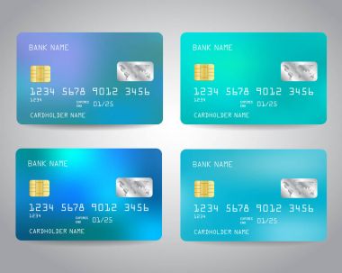 Gerçekçi detaylı kredi kartları ile renkli soyut tasarım arka plan ayarlayın. Mavi renkler. Vektör çizim Eps10