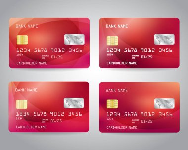 Gerçekçi detaylı kredi kartları ile renkli soyut tasarım arka plan ayarlayın. Kırmızı renk. Vektör çizim Eps10