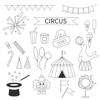 Sirk Icon set vektör. Festival doğrusal simge paketi. Sirk ekipman, cihazlar, çadır, palyaço, sihirli şapka, Bilet, bayraklar, havai fişek, balonlar. Karnaval performans illüstrasyon karikatür basit tarzı