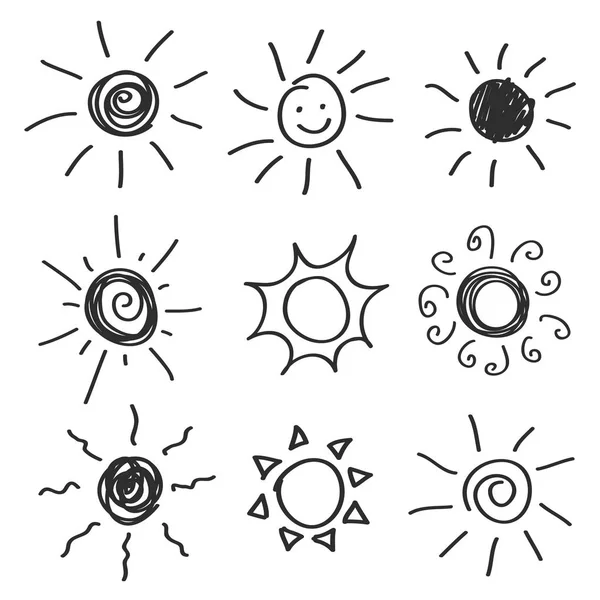 Conjunto Ícones Solares Doodle Desenhado Mão Rabiscar Esboço Sol Símbolo — Vetor de Stock