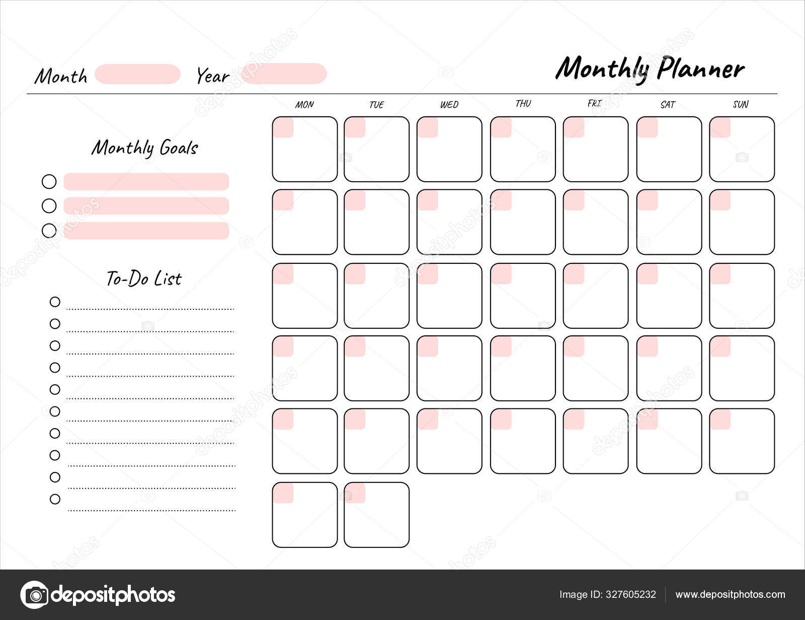 Monthly planner printable template Vector. Blank white notebook page A4