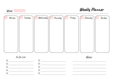 Weekly planner printable template Vector. Blank white notebook page A4